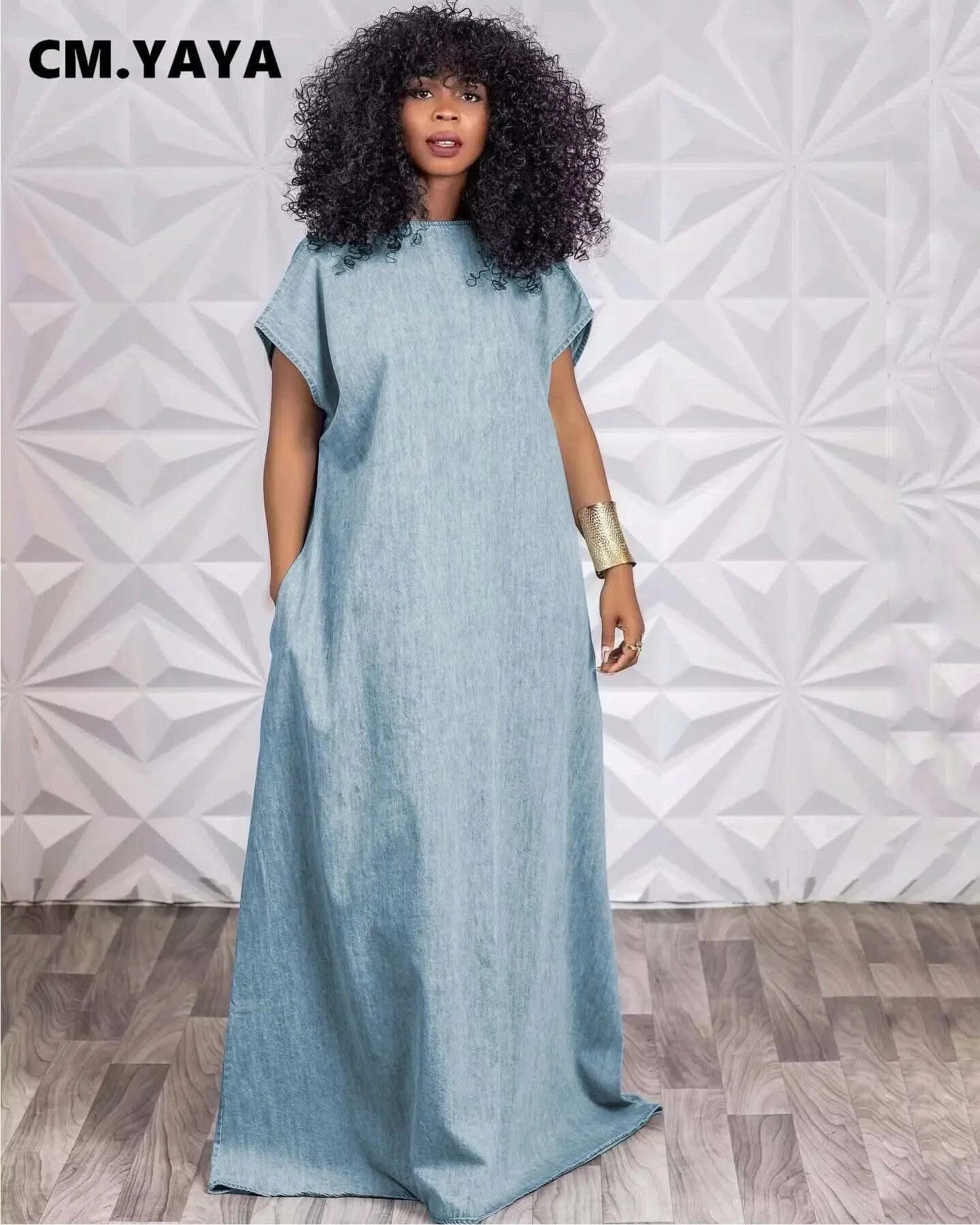 CM.YAYA Vintage Women Fashion Batwing Short Sleeve Denim V-back Loose Slim Maxi Long Dress 2023 High Street Vestido Jean Dresses - M & M Global