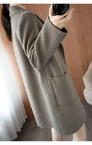 Plus Size Women's Long Sleeve Woolen Coat Pure Color Slim Fit Midi Length Spring New Style Compact Size Versatile Quality Pol...