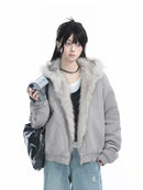 Winter American Retro Fur Collar Women Padded Hooded Cotton-Padded Jacket Plush Casual Street Gothic Harajuku Oversize Coat