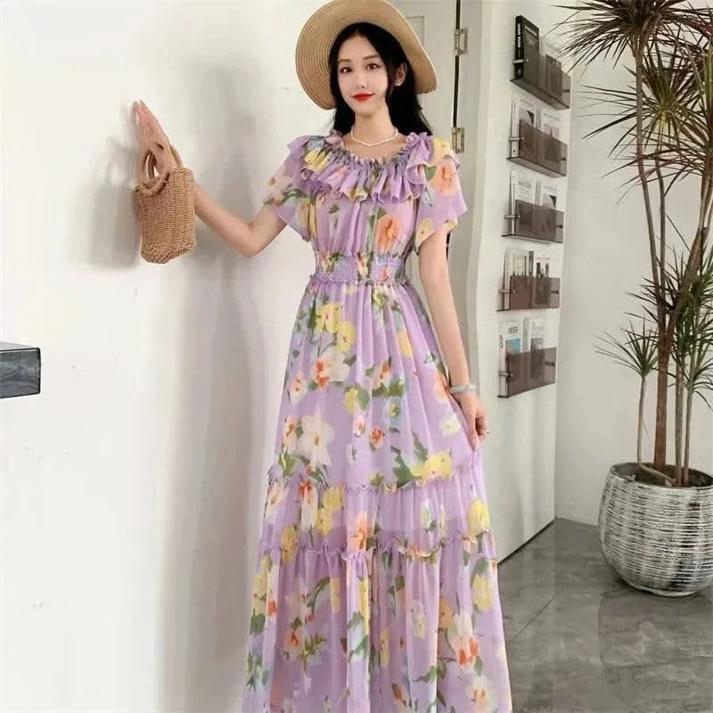 2024 New Summer Women Sexy Slash Neck Short Sleeve Slim Long Dress Fashion Patchwork Big Hem Sweet Ruffles Floral Dress - M & M Global