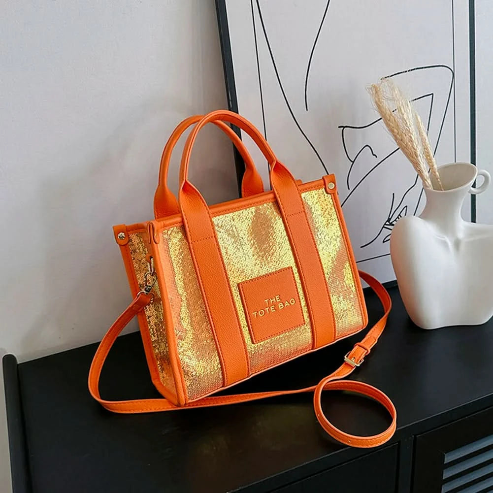 New The Tote Bag Letter Printed Sequins Top-Handle Bag Women Leather Handbag Luxury Designer Glitter Shoulder Crossbody Bag - M & M Global