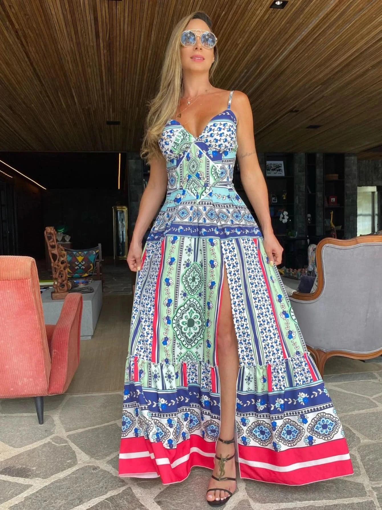 Summer Print Long Dress Women Clothing Lace Up Sling Party Dresses Pattern Strappy Ladies Hollow Out V-Neck Beach Vestidos - M & M Global