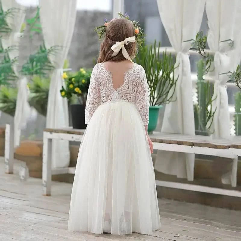 New Summer Elegant Flower Girl White Wedding Lace white girl long dress Sleeve Mesh Girl Princess Dress backless girls aged 8-12 - M & M Global