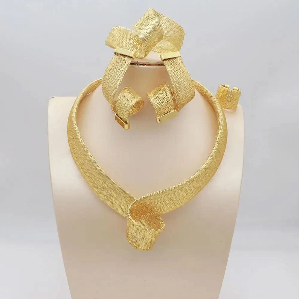 Women's Jewelry Sets Gold Plated Sprial Necklaces Simple Earrings Italian Fashion Rings Bracelets Wedding Accessories - M & M Global