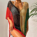 Knitted Contrast Tassel Bikini Summer Beach Cover Up Sexy Hollow Out Women V Neck Loose Beachwear Sunscreen Smock - M & M Global