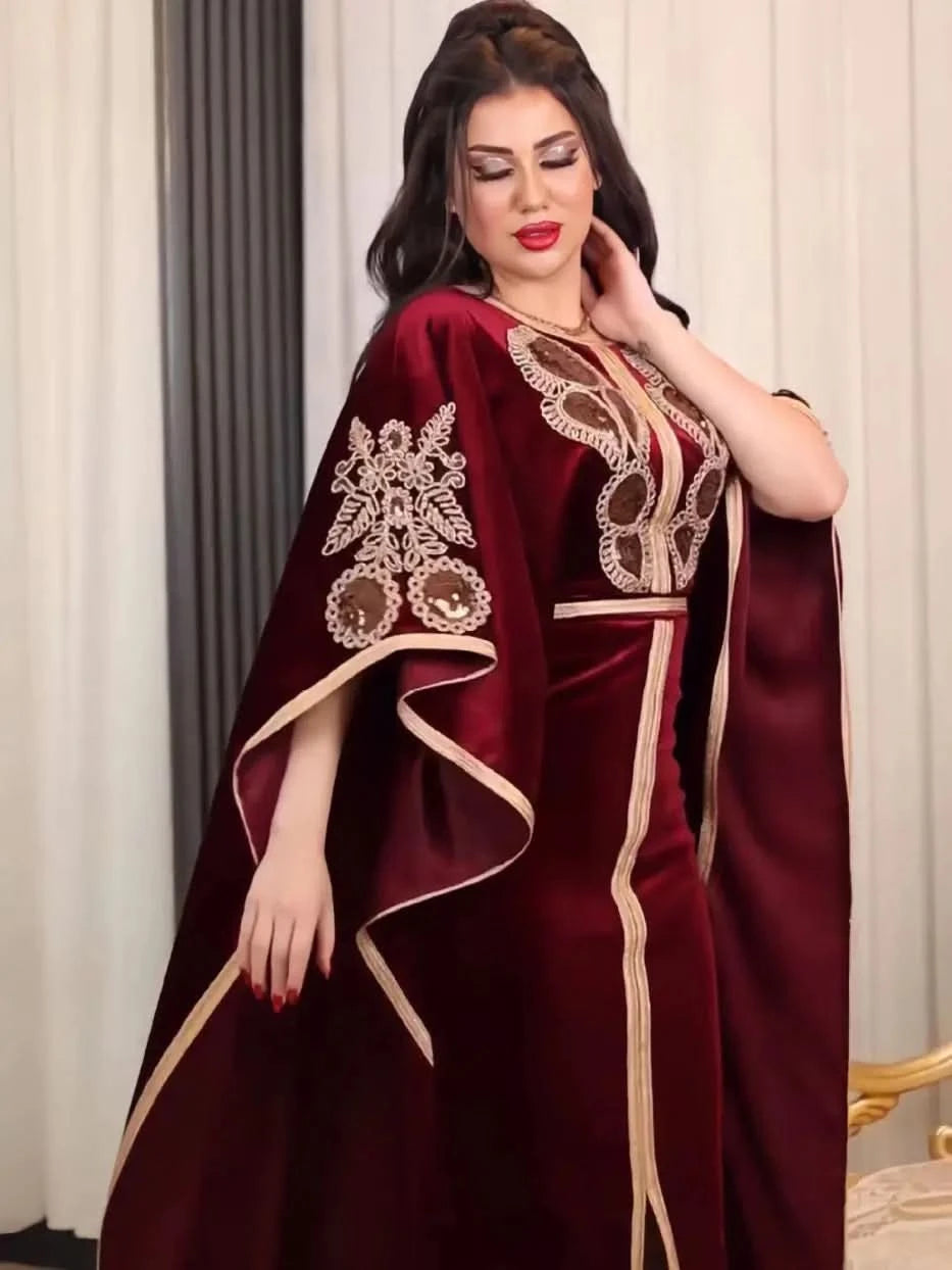 Ramadan Luxury Muslim Fashion Bat Sleeve Moroccan Turkiye Dubai Dress Middle East Arab Dress Sequins Golden Velvet Long Dress - M & M Global