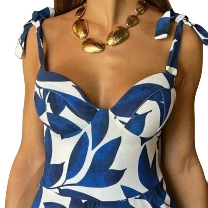 BAMBOOBOY Summer Print Long Dress Women Clothing Lace Up Party Dresses Pattern Spaghetti Strap Ladies V-Neck Beach Sundress - M & M Global