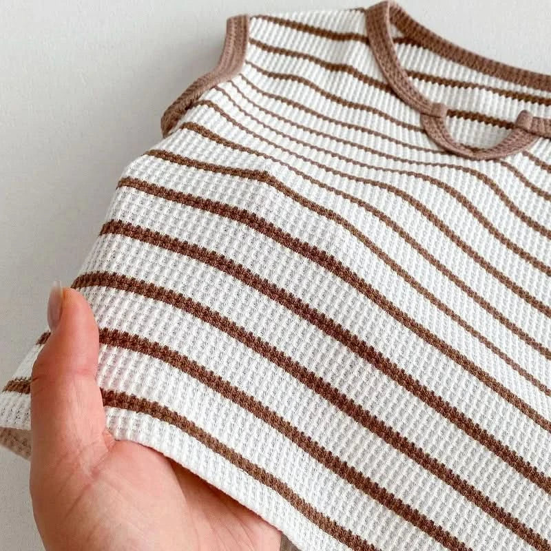 Summer baby clothes 0-5T solid color boys striped sleeveless T-shirt shorts set breathable girls vest short sleeved shorts set - M & M Global
