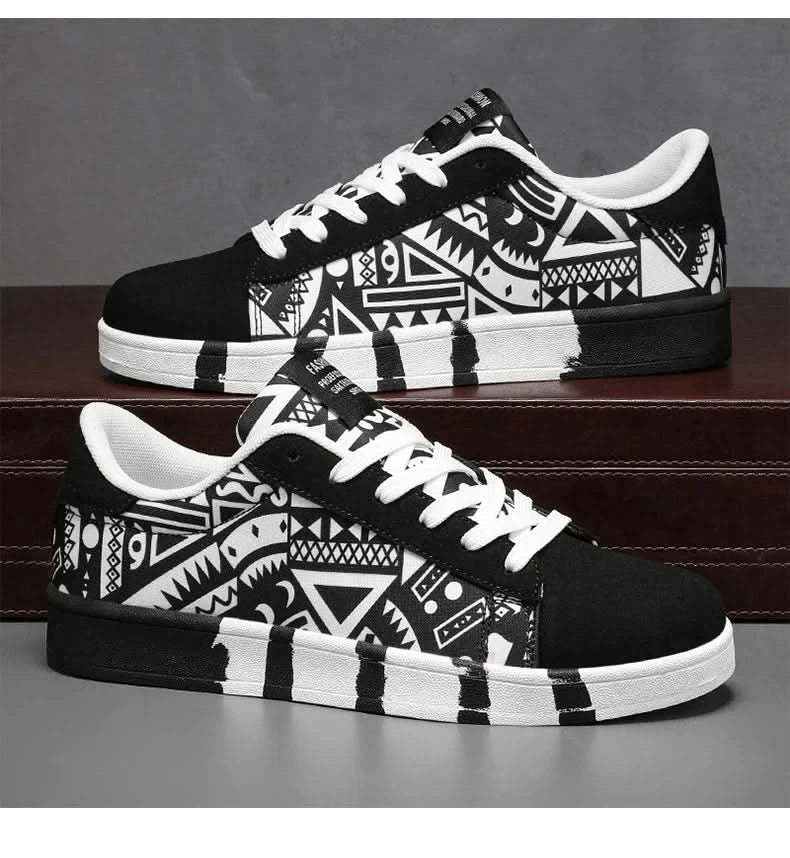 YRZL Men's Sports Running Shoes Canvas Geometric Style Lace-Up Sneakers Couples' Fashionable Graffiti Print Skate Shoes Men - M & M Global