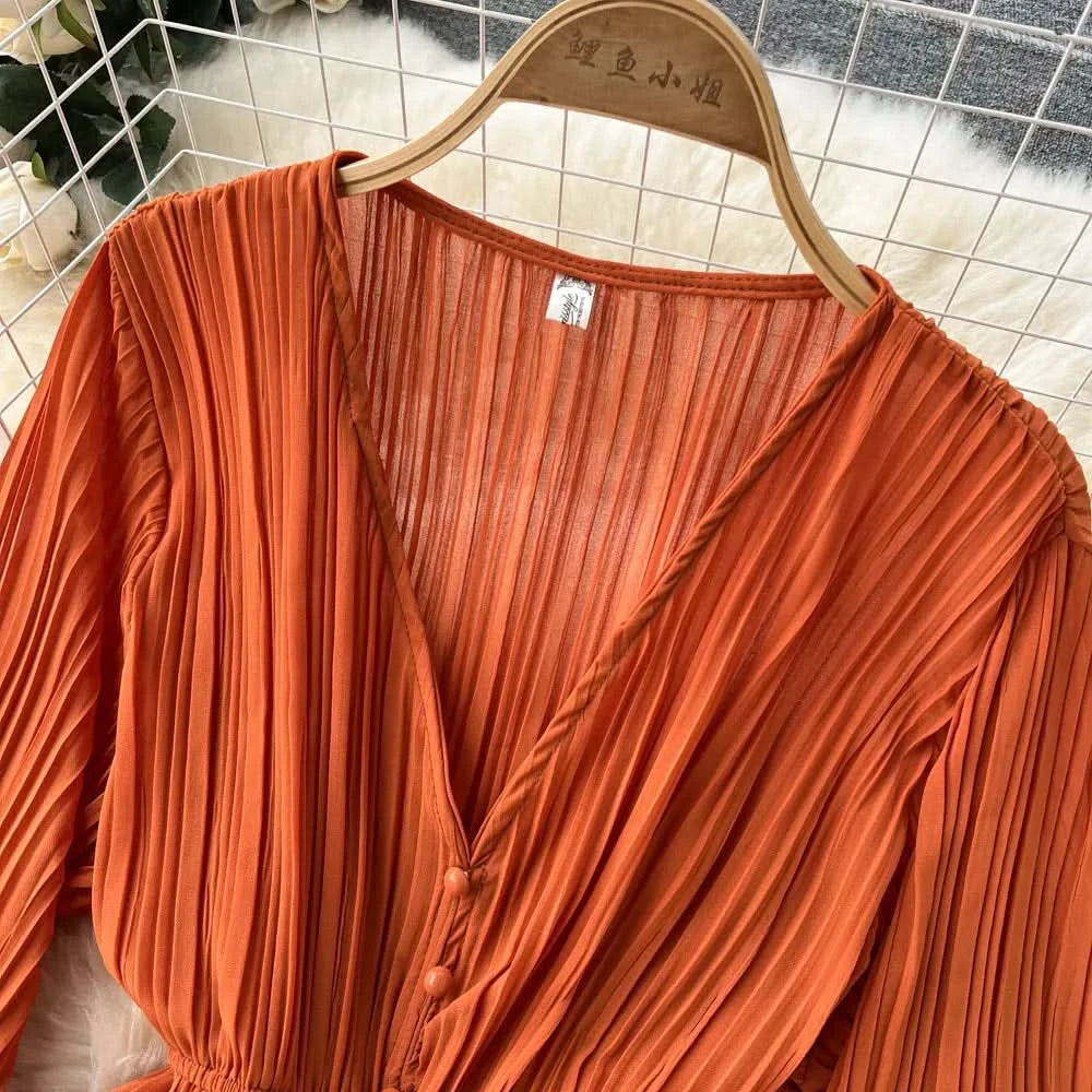 Purple/Brown/Red Chiffon Pleated Long Dress Women Vintage V-Neck Flare Sleeve Draped Ruffle Vestido Female Maxi Robe Spring Fall - M & M Global