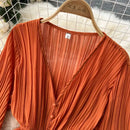 Purple/Brown/Red Chiffon Pleated Long Dress Women Vintage V-Neck Flare Sleeve Draped Ruffle Vestido Female Maxi Robe Spring Fall - M & M Global