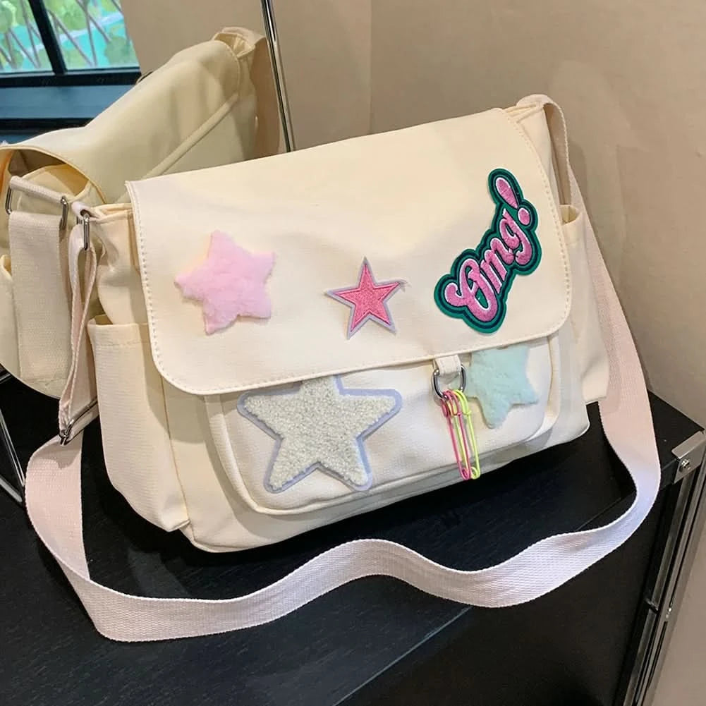 Women Cute Messenger Bag Large Capacity Canvas Student School Bag Star Letter Applique Candy Color Leisure Travel Outdoor Bag - M & M Global