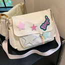 Women Cute Messenger Bag Large Capacity Canvas Student School Bag Star Letter Applique Candy Color Leisure Travel Outdoor Bag - M & M Global