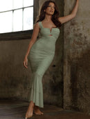 Mozision Hollow Out Backless Ruched Maxi Dress For Women Robe Elegant Spaghetti Strap Sleeveless Bodycon Party Long Dress - M & M Global