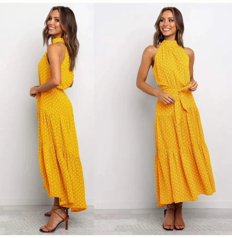 Summer Floral Print Halter Neck Dresses For Women Sleeveless Leace-up Long Dress Casual Beach Holiday Vestidos Female Clothing - M & M Global