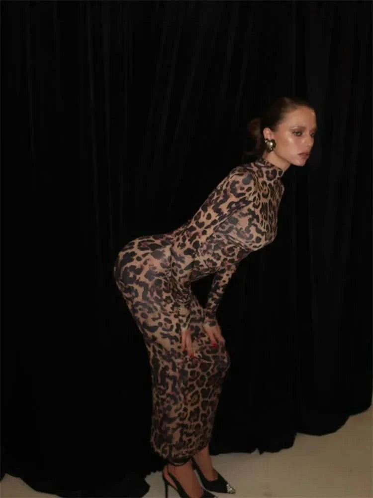 Print Leopard Print Slim Long Dress Women's Fashion Long Sleeve Sexy Party Dress Summer Street Leopard Print Long Dress 2024 New - M & M Global