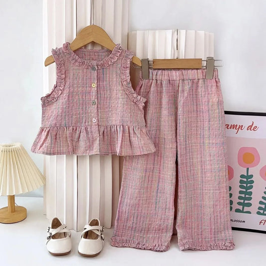 Pink Girl's Summer Two-piece Set with Single Breasted Sleeveless Top and Casual Pants, New Children's Sets Kids Clothes - M & M Global