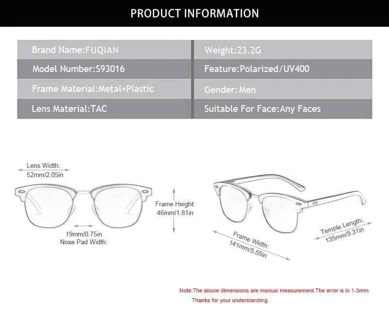 Classic Half Frame Polarized Sunglasses Men Women Retro Rivet Small Sun Glasses Male Popular Black Anti Glare Travelling Shades - M & M Global