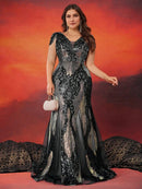 Plus Size Luxury Cap Sleeves V-back Sequins Formal Evening Dresses 2026 Elegant Mermaid Wedding Party Cocktail Family Gowns