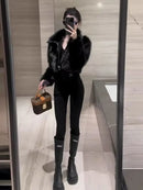 Autumn Winter Now Locomotive Wind Hottie Sweet Cool Fashion Coat Women Patchwork Imitation Fox Fur Leather and Fur Solid Tops