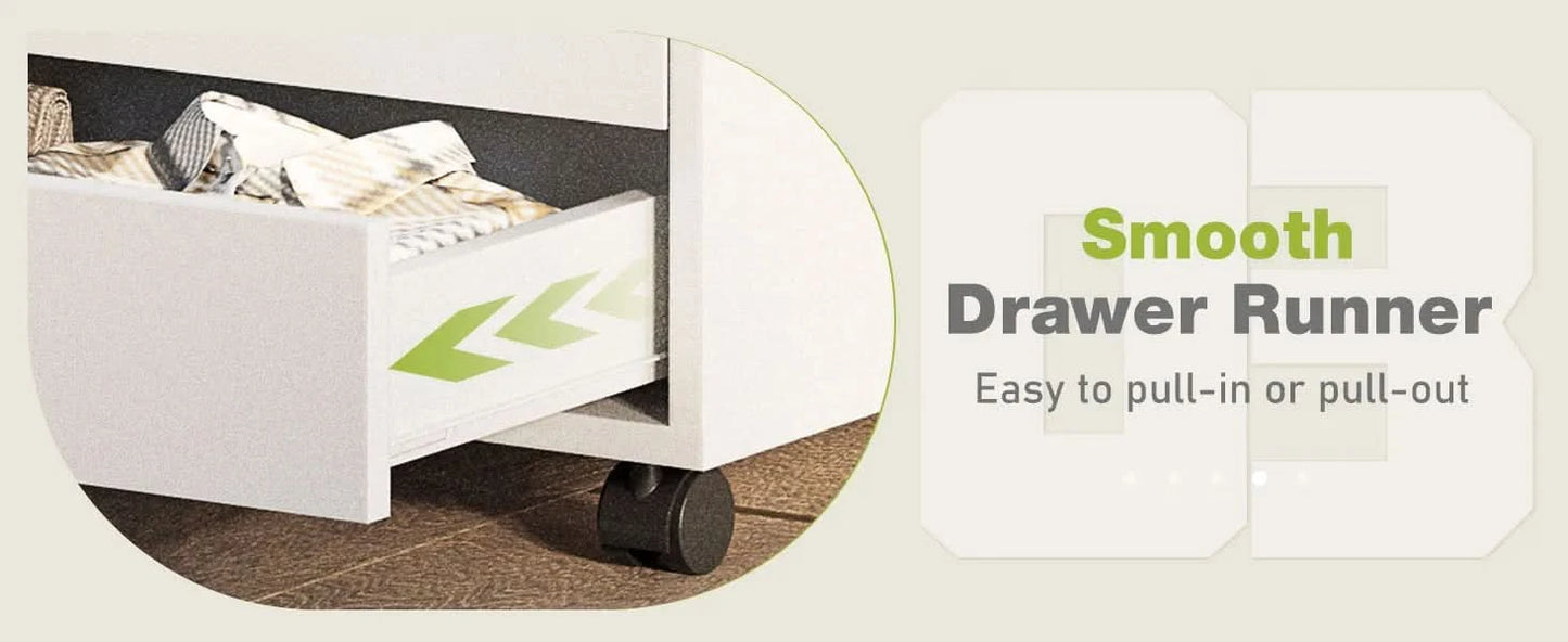 JHK Wood Nightstand Cabinet 5 Drawers Waterproof Surface Storage Organizer File Office Easy To Move Bedside Table Rotating Wheel