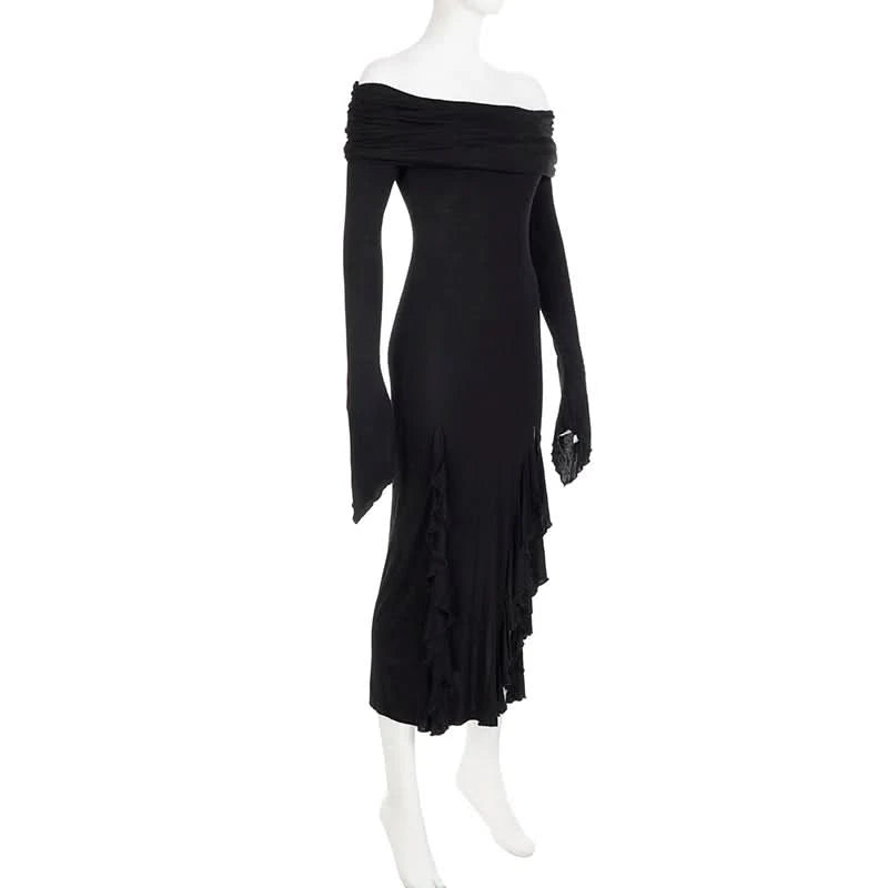 IAMSURE Elegant Fashion Dark Ruffles Split Long Dress Gothic Slash Neck Long Sleeve Maxi Dresses For Women 2023 Holiday Beach - M & M Global