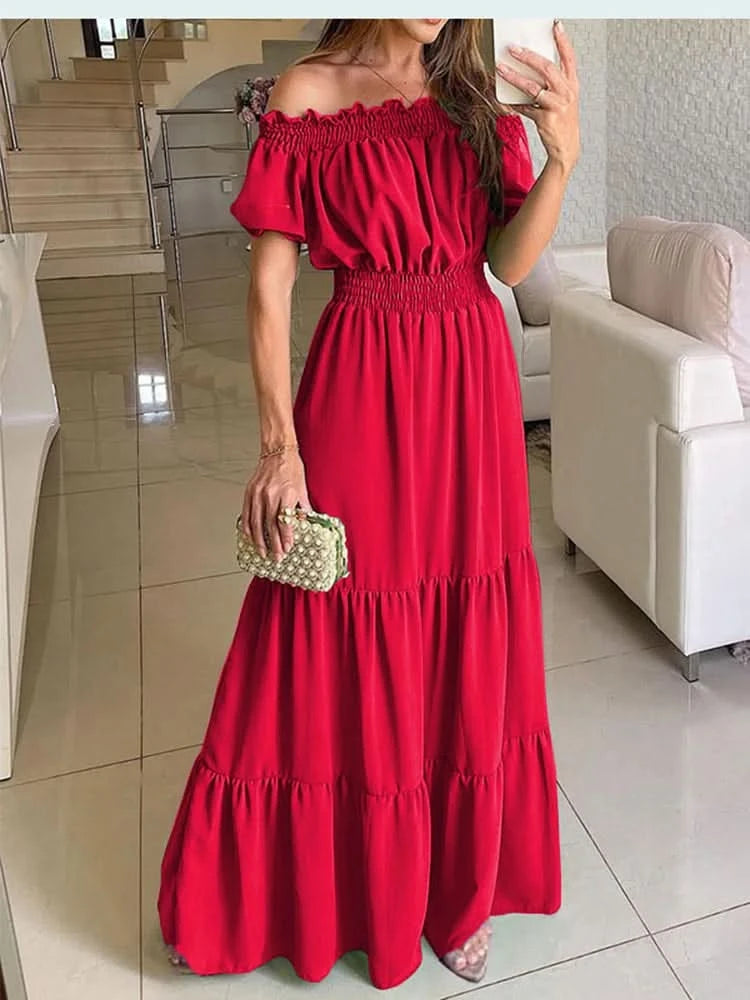 Summer Boho Red Dress Fashion Short Sleeve Beach Long Dress Casual Loose Elegant Holiday Party Dresses For Women Robe Femme 2023 - M & M Global