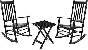 Outdoor Rocking Chair Set, Wood Porch Rocker, 2 Wooden Rocking Chair With Outdoor Side Table, Perfect for Indoor or Outdoor, All