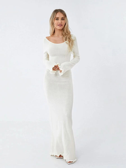 Women's Autumn Winter Knitted Bodycon Dress Long Sleeve Tie Backless Round Neck Solid Color Ruffle Trim Long Dress Beachwear - M & M Global