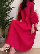 ANLAN Miyake Pleated Maxi Long Dress Mesh Petal Sleeve Half Turtleneck Formal Dresses for Women 2024 New Hot Sales 6KK9927 - M & M Global