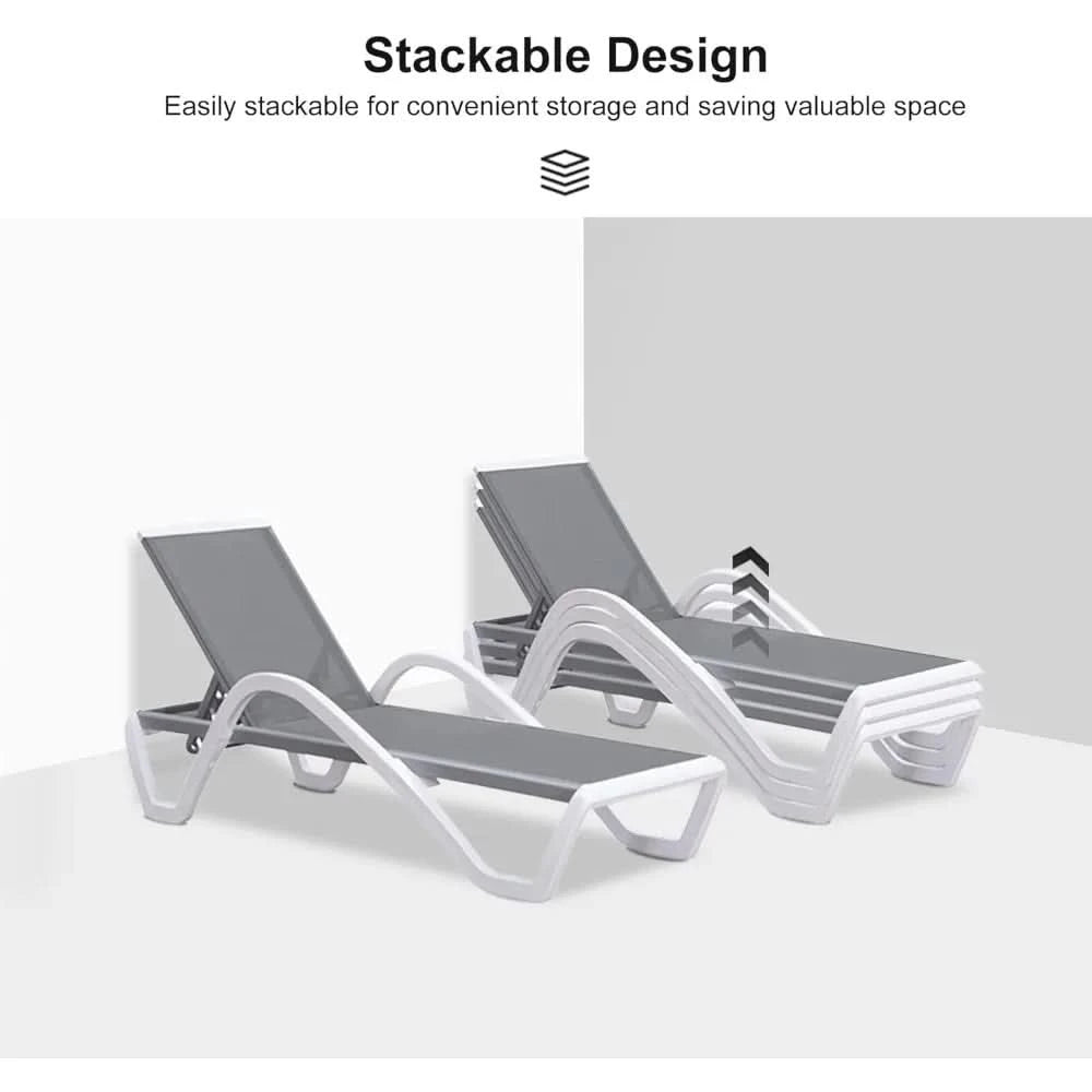 Patio Chaise Lounge Chair Set of 3 Outside Aluminum Plastic Stackable Tanning Chairs with Armrests and Side Table for Pool Sunb