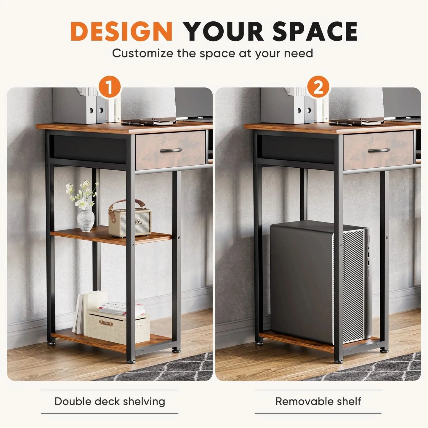 JHK 48 Inch Double Deck Shelving Office Computer Desk with Pull-out Fabric Storage Drawers Metal Frame Adjustable Feet Table ﻿
