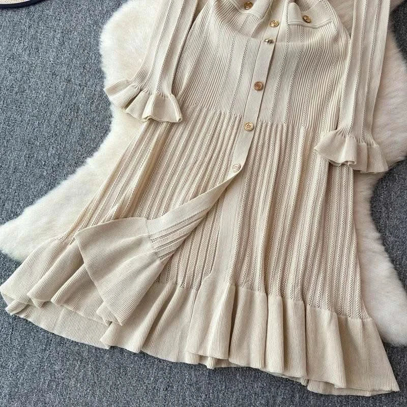 2024 Green Fashion Autumn Winter Knitted Long Dress French Style Letter Buttons Elegant Sweater Dress Lady Office Bodycon - M & M Global