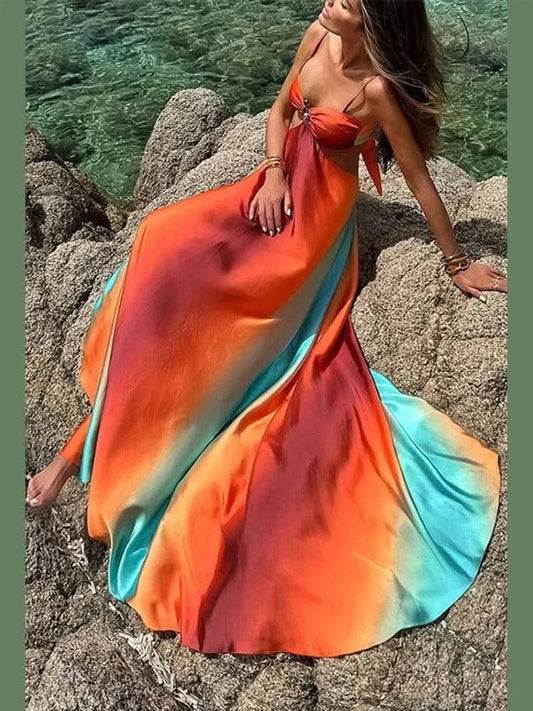 Bohemia Gradient Printed Sling Beach Maxi Dress Women Spaghetti Strap Sleeveless Backless Long Dress Female Hollow Out Chic Robe - M & M Global