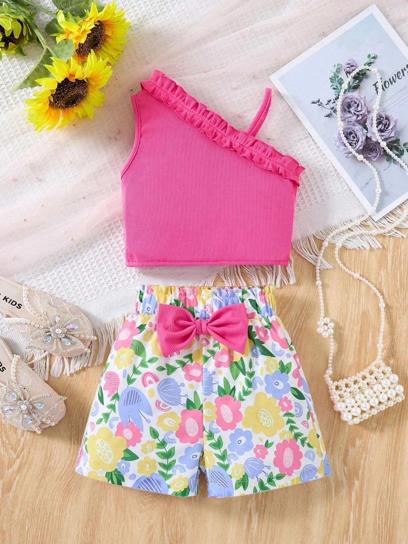 2025 Newborn Girl Baby Summer Sling Sleeveless Cotton Casual Daily Big Bow Print Baby Clothing Set - M & M Global