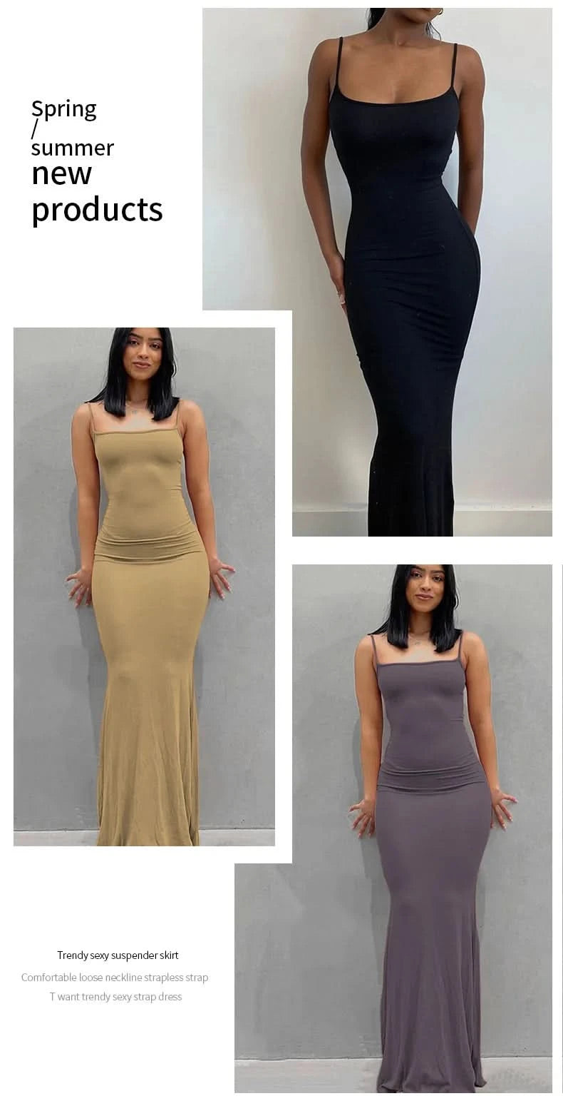 Slim Black Knitted LONG Dress Summer Solid Women Dress Ultimate Waist To Hip Ratio Sling Dress blue sexy pink casual outfit - M & M Global