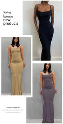 Slim Black Knitted LONG Dress Summer Solid Women Dress Ultimate Waist To Hip Ratio Sling Dress blue sexy pink casual outfit - M & M Global
