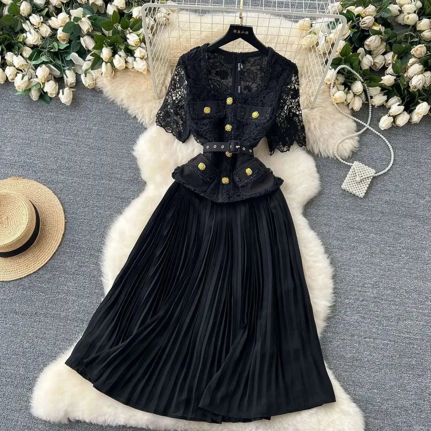 Designer 2025 Summer Pleated Chiffon Lace Long Dress Women Flower Embroidery Gold Button Belt Evening Party Dresses Wedding Robe - M & M Global