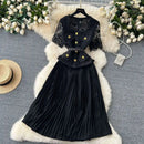 Designer 2025 Summer Pleated Chiffon Lace Long Dress Women Flower Embroidery Gold Button Belt Evening Party Dresses Wedding Robe - M & M Global