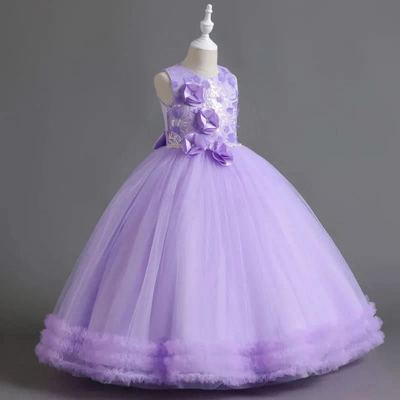 Girls' Sequin Pearl Princess Dress 5-14 Years Old Flower Decal Sleeveless Temperament Long Dress Halloween Banquet Fashion Dress - M & M Global