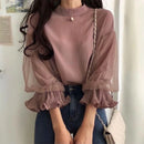 ZANZEA Women Elegant Party Blouse Vintage Mesh Ruffle 3/4 Sleeve Tops 2024 Autumn Stand Collar Shirts Korean Version Loose Tunic