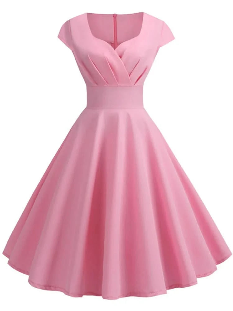 Pink Summer Dress Women V Neck Vintage Robe Elegant Retro pin up Party Office Midi Dresses - M & M Global