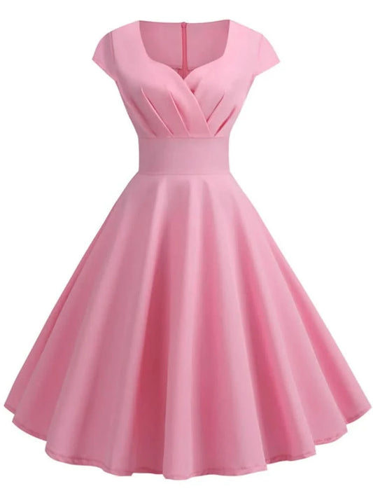 Pink Summer Dress Women V Neck Vintage Robe Elegant Retro pin up Party Office Midi Dresses - M & M Global