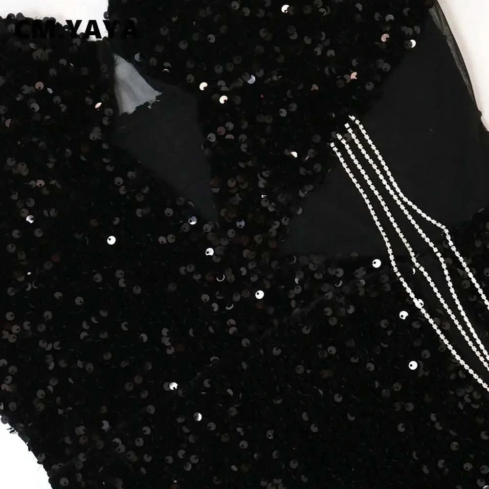 CM.YAYA Women Sequined Tassel Front Spaghetti Strap Sleeveless High Side Slit Maxi Long Dress 2023 Evening Sexy Party Dresses - M & M Global