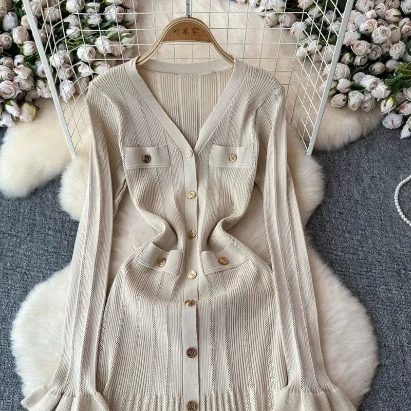 2024 Green Fashion Autumn Winter Knitted Long Dress French Style Letter Buttons Elegant Sweater Dress Lady Office Bodycon - M & M Global