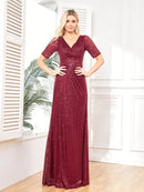 Luxury Floor Length V-Neck Evening Dresses Women Elegant Wedding Party Sequins Short Sleeves Prom Floor-Lenght Cocktail Gowns