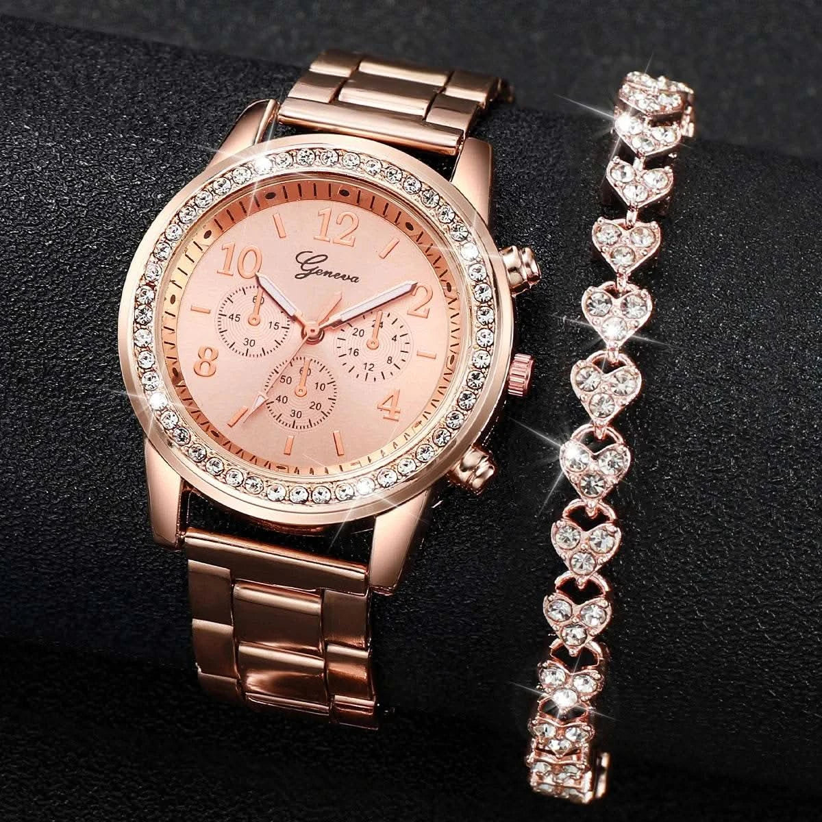 2PCS Women's Watch Fashion Rhinestone Ladies Analog Quartz Watches Bracelet Set Reloj Mujer Girls Clock Gift - M & M Global