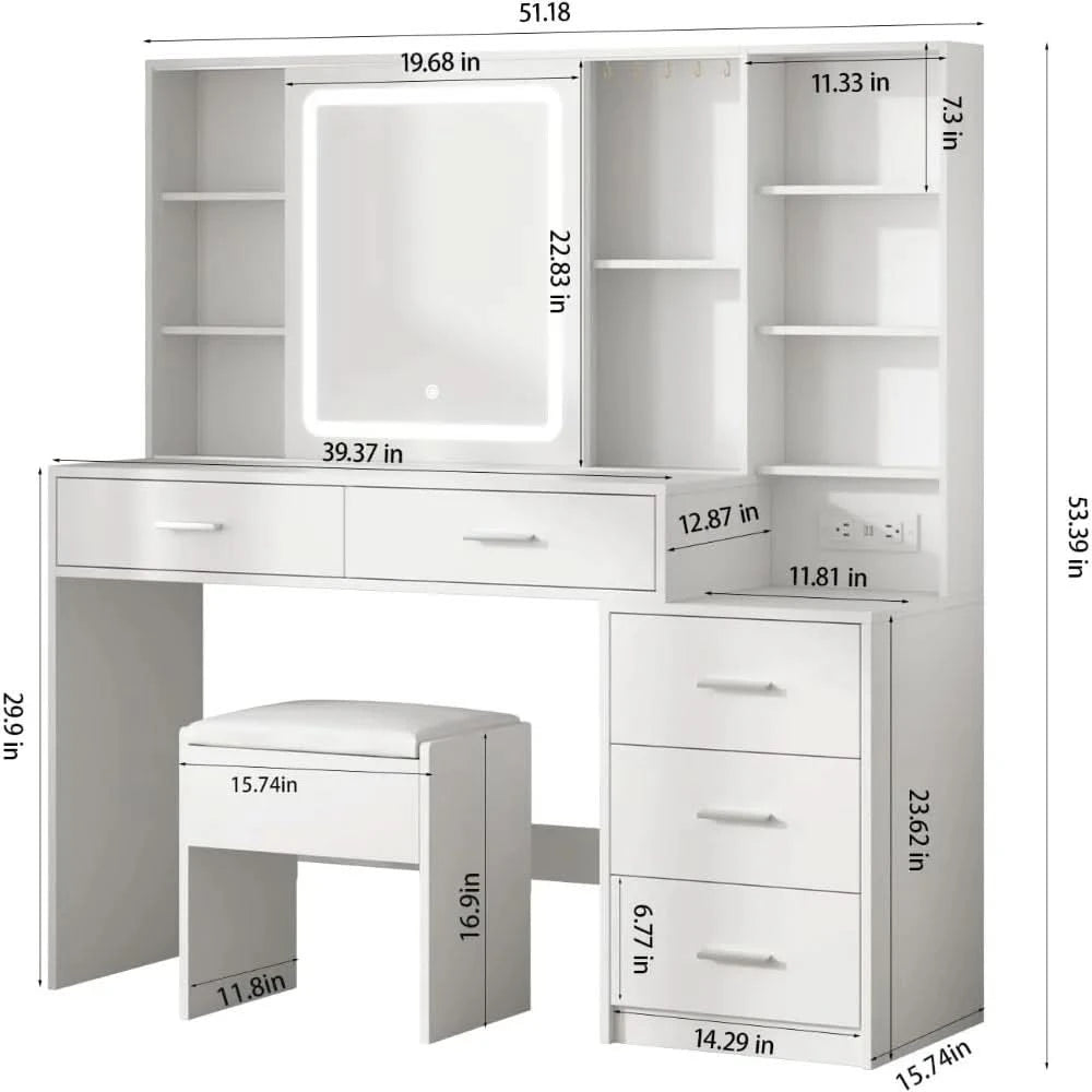 Vanity Desk with Mirror and Lights, Makeup Vanity with 5 Drawers, Makeup Desk with Charging Station and Ample Storage, Dressing
