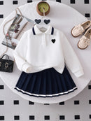 Girls’ 2-Piece Polo Sweatshirt & Navy Pleated Skirt Set