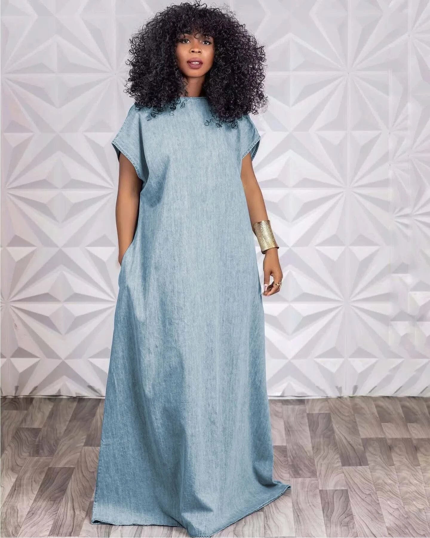 CM.YAYA Vintage Women Fashion Batwing Short Sleeve Denim V-back Loose Slim Maxi Long Dress 2023 High Street Vestido Jean Dresses - M & M Global